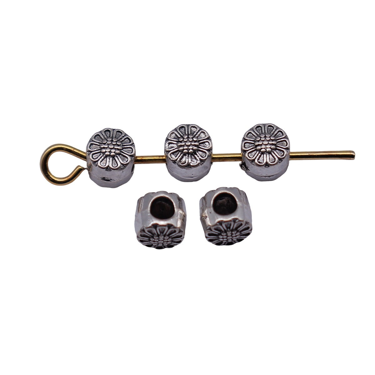 4.1x4.1x3.9mm 0.2g Antique Silver Zinc Alloy Flower Pattern Round Loose Metal Double Sided Beads for Bracelet DIY Jewelr