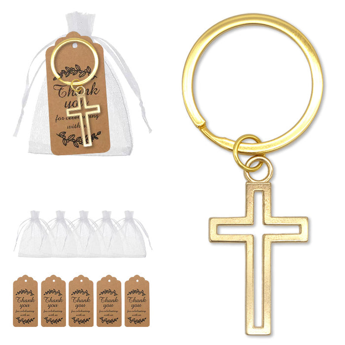 Gold Tone Hollow Openwork Cross Metal Keychain Split Ring