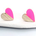 Half Wood Half Color Resin Heart Stud Earrings in Three Colors view 6