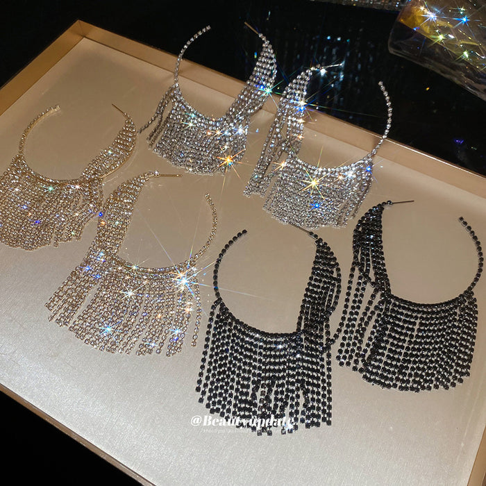 Crystal Mesh Fringe Hoop Earrings in Three Finishes