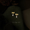 Gold Mini Bow Stud Earrings Teardrop Zircon Dangle view 1