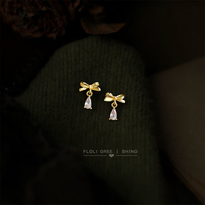 Gold Mini Bow Stud Earrings Teardrop Zircon Dangle