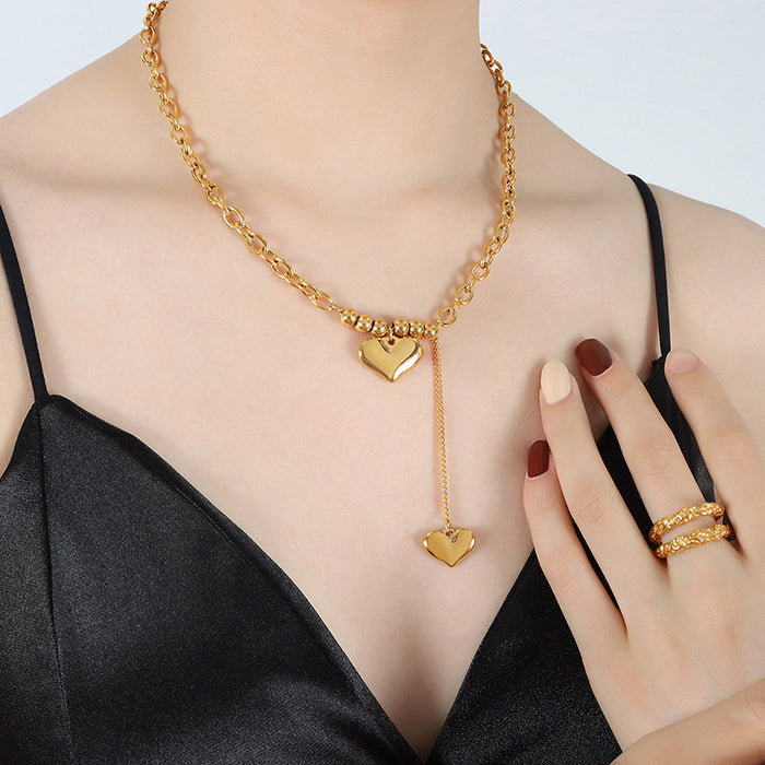 Double Heart Bead Accent Chain Necklace Gold Or Steel