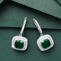 Silver Tone Green Square Stone Halo Drop Earrings with Clear Stone Accents view 5