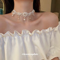 White Pearl Crystal Flower Choker Necklace Dangle Pearls view 3