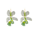 White Sheer Petal Green Bead Cluster Long Hook Earrings view 5