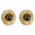 Gold Ripple Disc Stud Earrings Round Tiger Eye Cabochon view 5