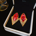 Pink Diamond Shape Crystal Stud Earrings with Gold Tone Frames view 6