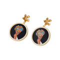 Gold Tone Pearl Trim Round Printed African Woman Post Drop Earrings in Two Colors view 5