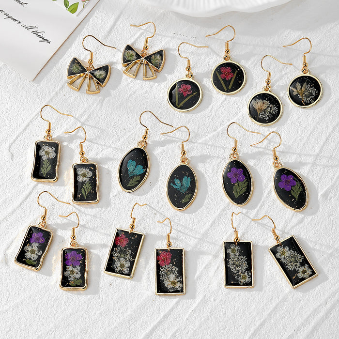 Black Resin Pressed Flower Drop Earrings Gold Tone 9 Styles