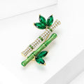 Twin Bamboo Stem Brooch With Clear Crystals and Green Leaves view 2