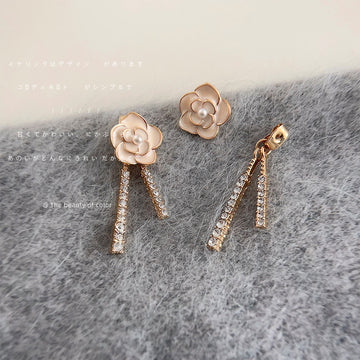 Cream Camellia Enamel Pearl Stud Dual Crystal Tassel Earrings