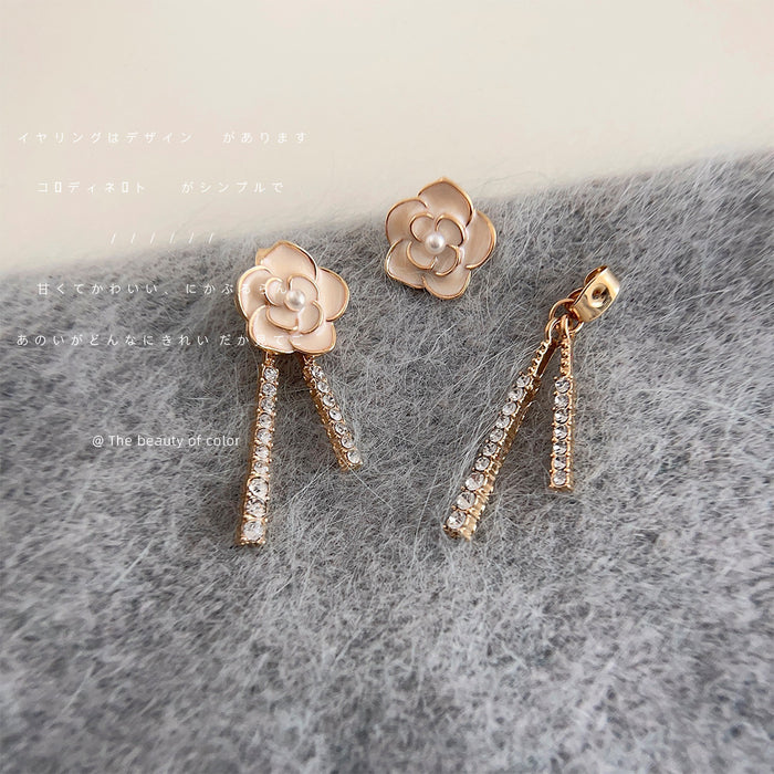 Cream Camellia Enamel Pearl Stud Dual Crystal Tassel Earrings