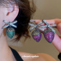 Green Crystal Strawberry Earrings with Silver Tone Bows view 2