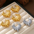 Textured Leaf Cluster Hoop Earrings In Gold Or Steel view 2