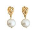 Gold Tone Molten Texture Stud Earrings With Pearl Drop view 5