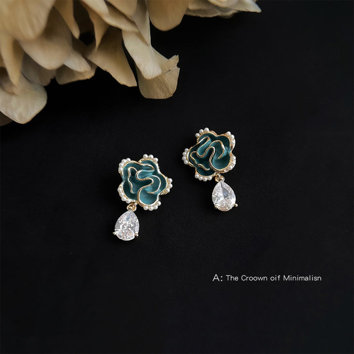 Teal Enamel Camellia Flower Pearl Border Teardrop Zircon Earrings