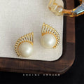 Gold-Tone Openwork Fan Frame Cream Pearl Stud Earrings view 3