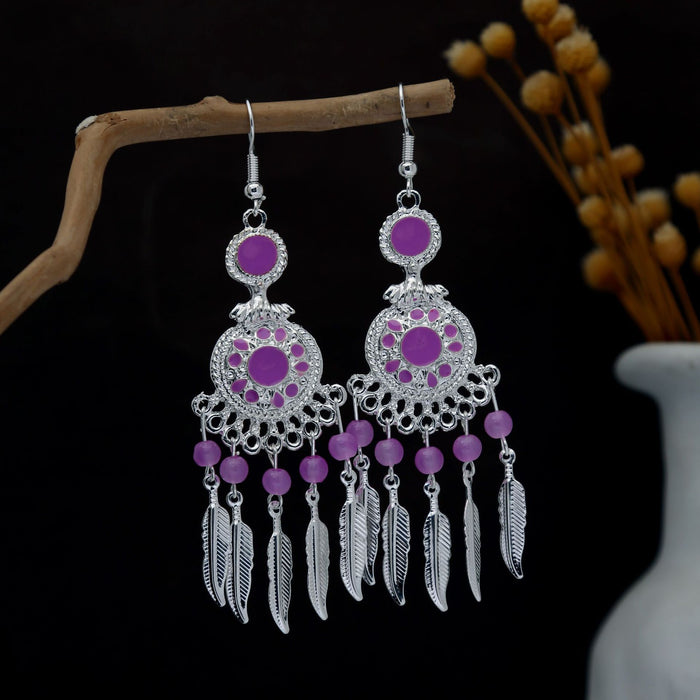 Eighty Silver Tone Ethnic Feather and Bead Earrings