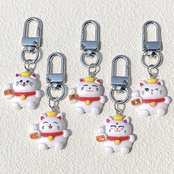 White Fortune Cat Resin Clip Keychains in Five Designs