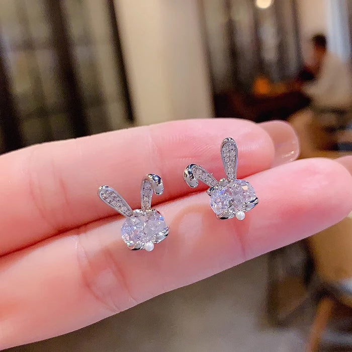 Bunny Stud Earrings CZ Body Pearl Accent Gold or Silver