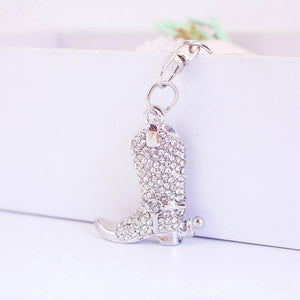 Rhinestone Cowboy Boot Keychain, Silver Tone Western Bag Charm with Key Ring & Clasp