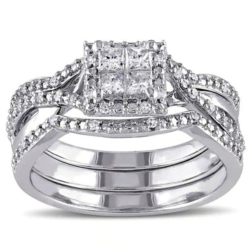White Gold Princess Square Halo Bridal Ring Set Sizes 6-10