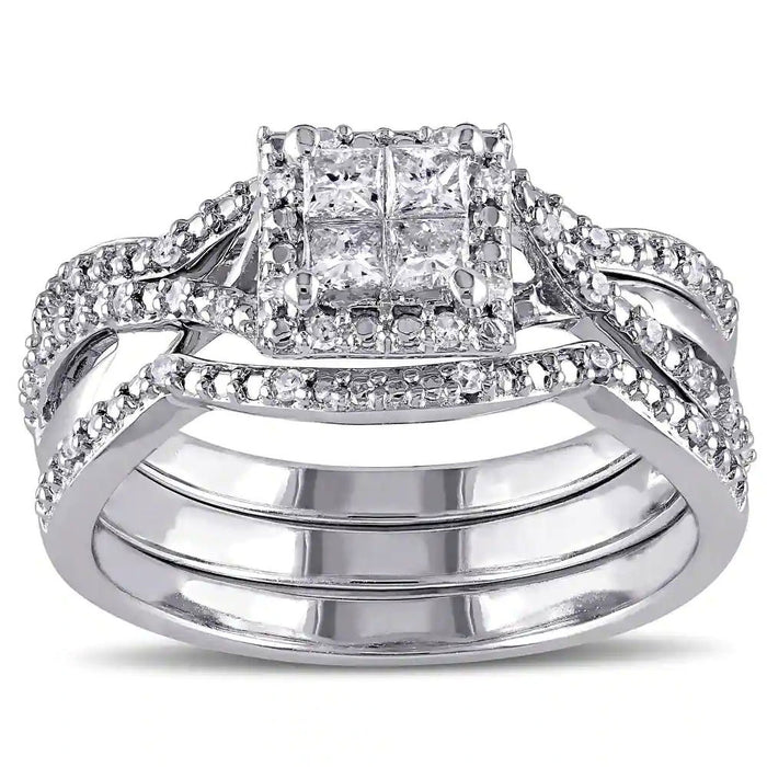 White Gold Princess Square Halo Bridal Ring Set Sizes 6-10