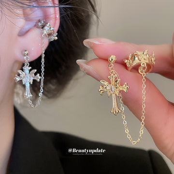 Cross Star And Chain Ear Cuffs In Fourteen Mixed Metal Styles