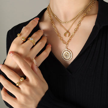 Gold Triple Layer Necklace Moon And Lion Coin Pendant