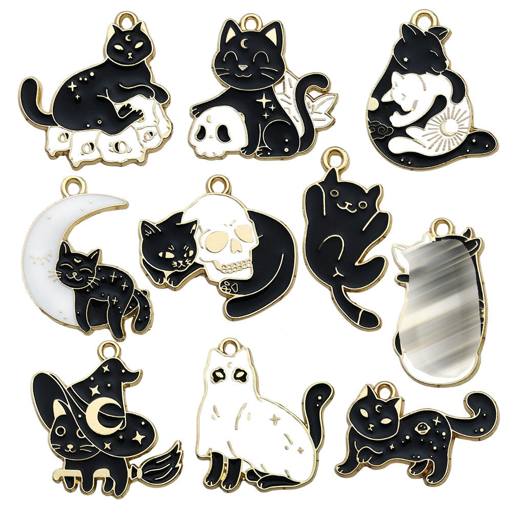 Enamel Zinc Alloy Moon Cat Black Cat Charm Pendant for DIY Halloween Necklace Jewelry