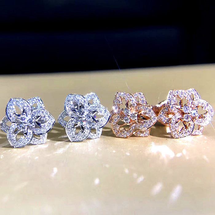 Openwork Flower Clear Stone Stud Earrings Two Metal Tones