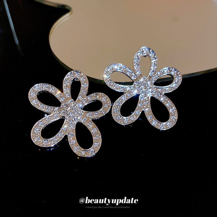 Silver Crystal Openwork Five Petal Flower Stud Earrings