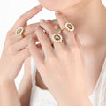Pearl Halo Open Ring Black Enamel Gold Flower Motif view 1
