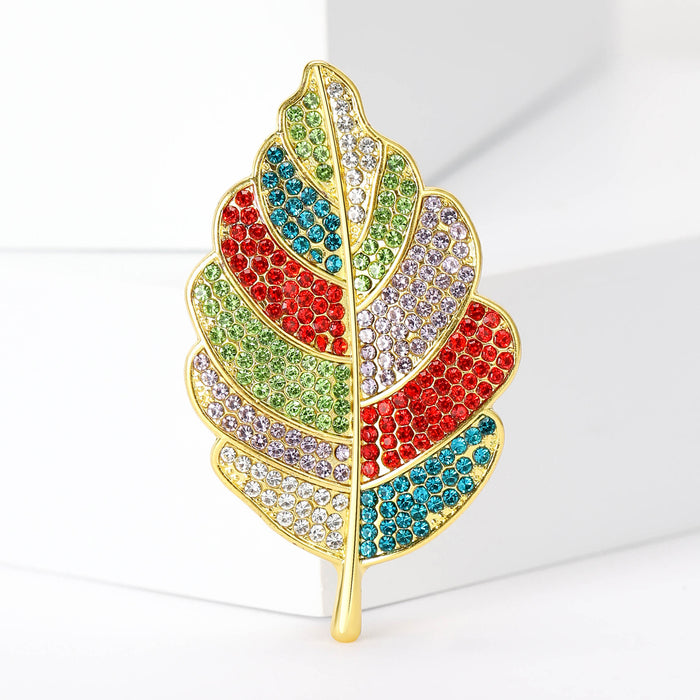 Multicolor Crystal Leaf Brooch with Detailed Metal-tone Finish