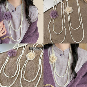 White Fabric Flower Layered Faux Pearl Long Necklace