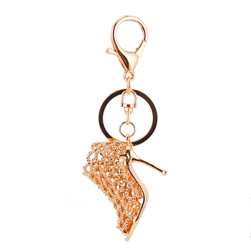 Rhinestone High Heel Shoe Keychain Hollow Metal Bag Charm for Car Keys