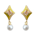 Yellow Enamel Diamond Drop Earrings Peach Pearl Pair view 5