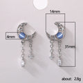 Silver Tone Crescent Moon Blue Cabochon Dual Chain Earrings view 5