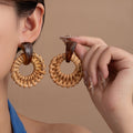 Brown and Cream Woven Ring Statement Dangle Earrings view 1