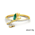 Gold Tone Green Leaf Open Ring With Chain Tassels With Polished Clear Stone Detail view 5