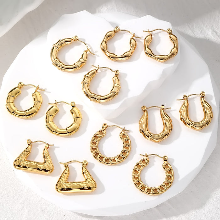 Gold Tone Geometric Wheat and Bamboo Hoop Earrings