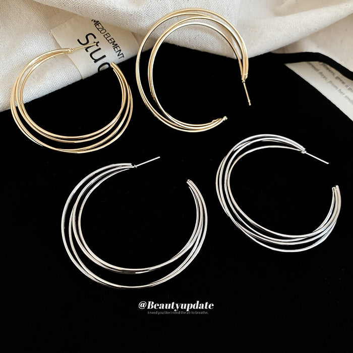 Layered Metal C Hoop Stud Earrings Decorative Jewelry Design