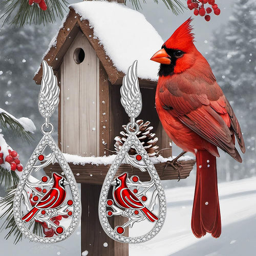 Cardinal earrings with snow scene and real cardinal bird