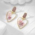 Gold Tone Irregular Heart Pressed Flower Resin Stud Drop Earrings view 3