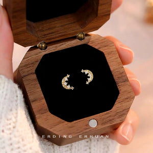 Gold Crescent Moon Stud Earrings Clear Zircon Accents