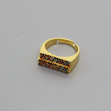 Gold Tone Double-Row Multicolor Crystal Rectangular Open Ring