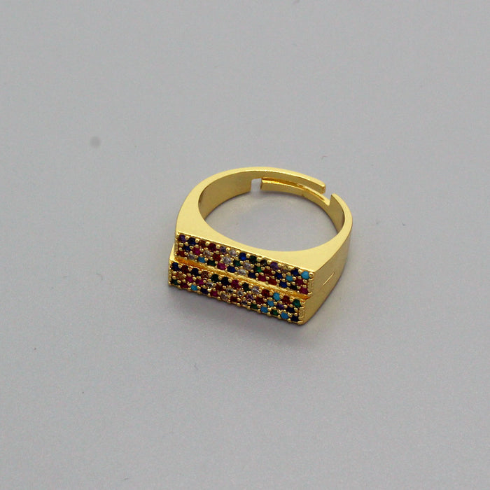 Gold Tone Double-Row Multicolor Crystal Rectangular Open Ring