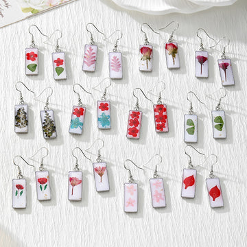White Rectangular Pressed Flower Drop Earrings in Twelve Designs