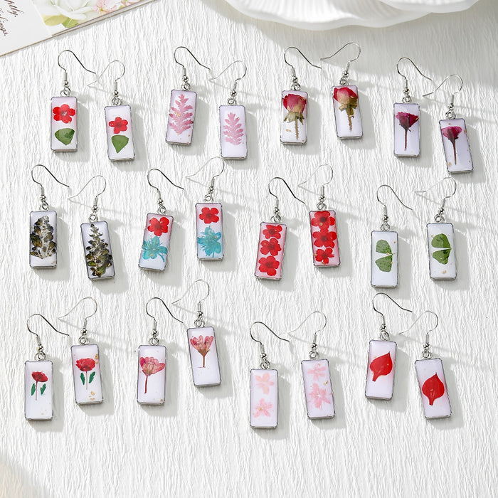 White Rectangular Pressed Flower Drop Earrings in Twelve Designs